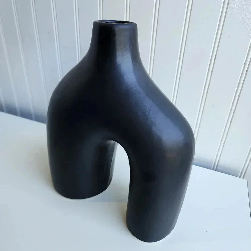 Matte Black Ceramic Table Vase Décor Minimalist Modern Abstract  10.5